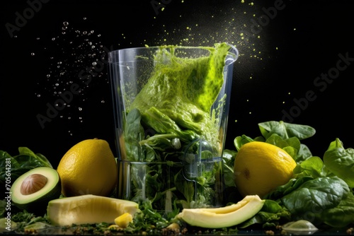 green juice smoothie in blender in the making high speed photo
