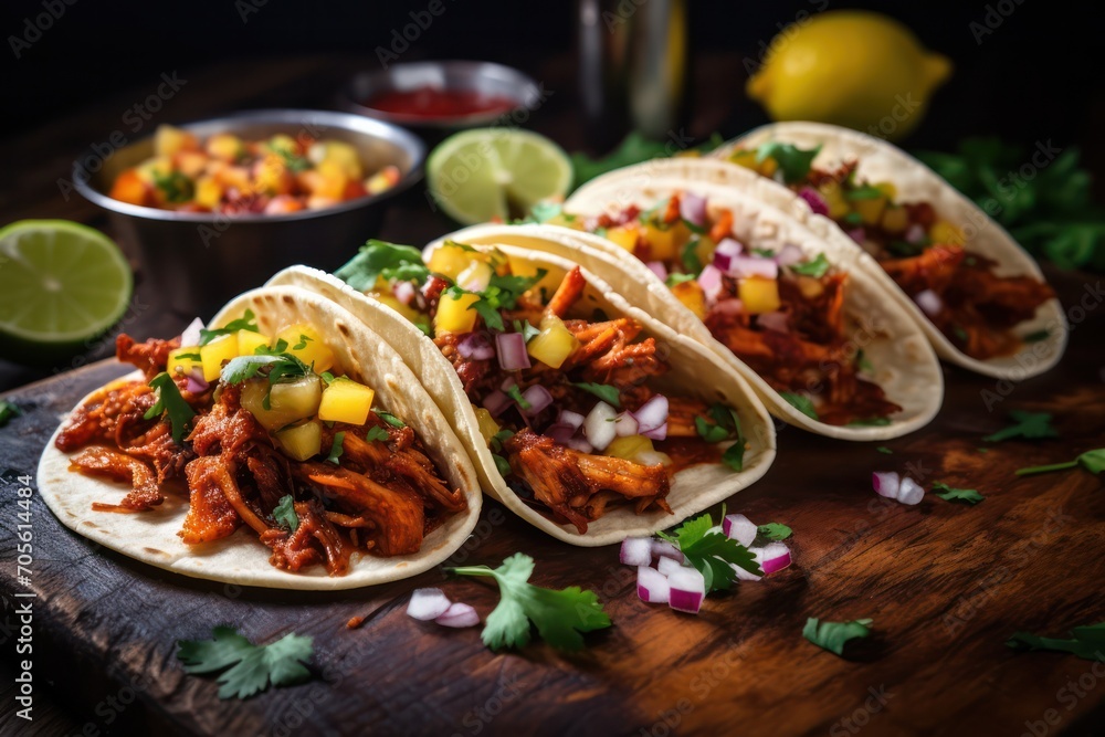 tacos al pastor with spit-grilled slices of pork with onion at mexican restaurant served on wooden board with lime tacos al pastor with spit-grilled slices of pork with onion at mexican restaurant served on wooden board with lime