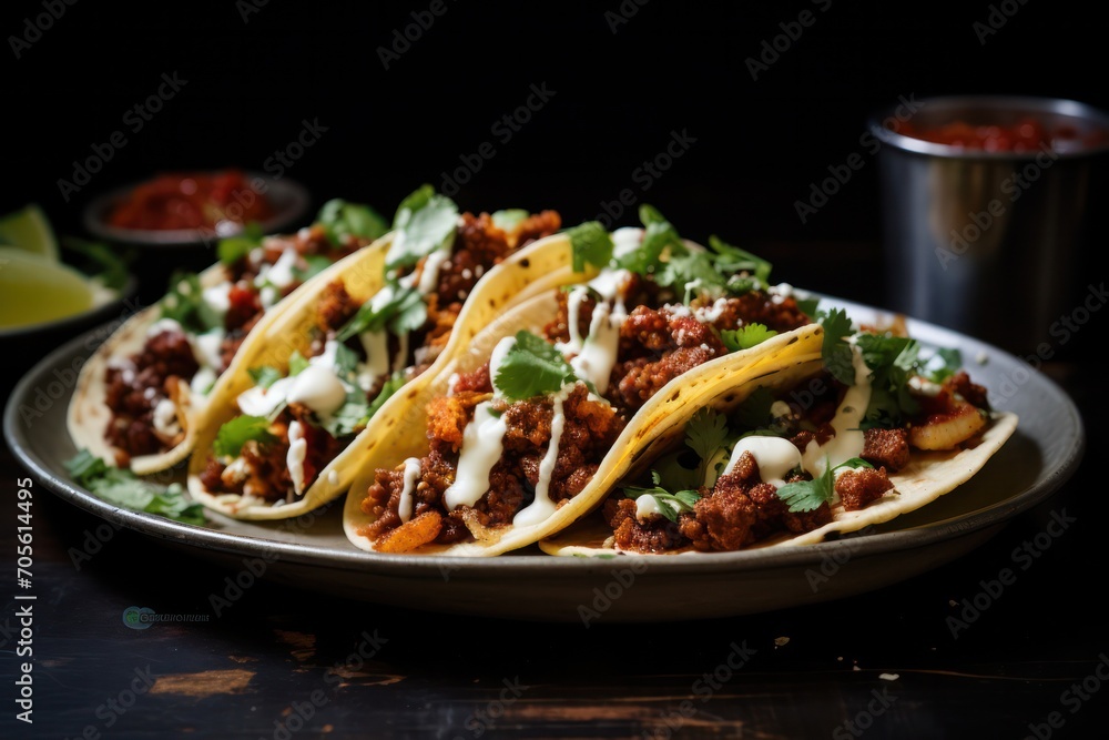 tacos with pork or chorizo at mexican restaurant served on wooden board tacos with pork or chorizo at mexican restaurant served on wooden board