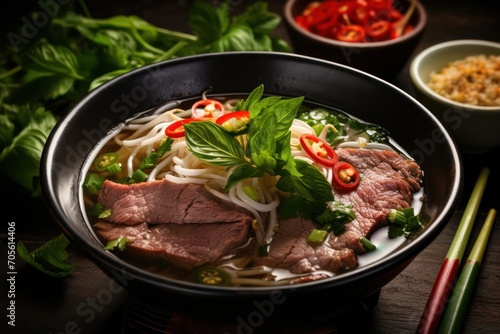 hot rice noodle pho bo soup in a bowl view from above. Vietnamese meal cuisine with beef meat closeup.