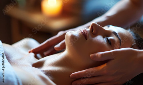 Gentle hands giving a relaxing face massage, focusing on wellness and tranquility.