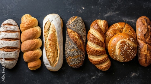 Bakery - various kinds of breadstuff. Bread rolls, baguette, bagel, sweet bun and croissant captured from above (top view, flat lay). Black background, free copy space