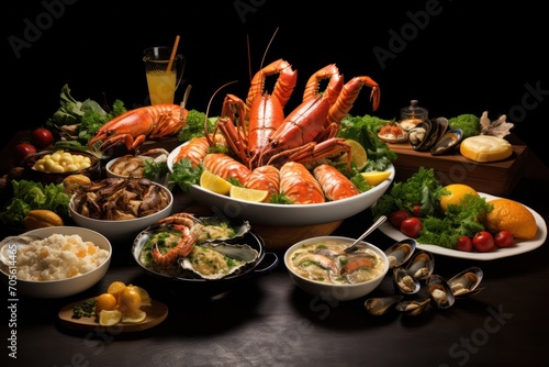 fancy seafood dishes with giant prawns at Nochebuena festive dinner. Meal at fusion restaurant. 