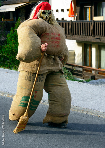 Nendaz, canton Valais, canton Wallis, Switzerland, Europe - young man disguised as Tschäggättä, traditional Valasian frightening figure, International Alphorn Festival