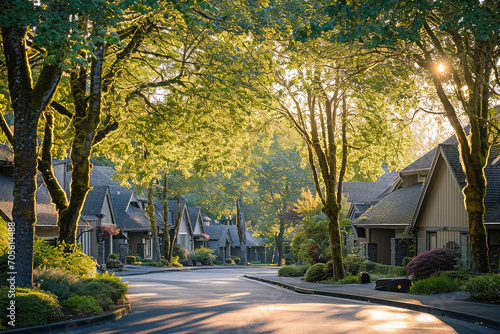A serene suburban street lined with houses and lush green trees illuminated by soft morning sunlight.