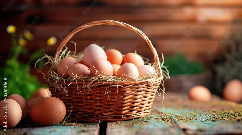 Basket of chicken eggs on a wooden table in the chicken farm Basket of chicken eggs on a wooden table in the chicken farm