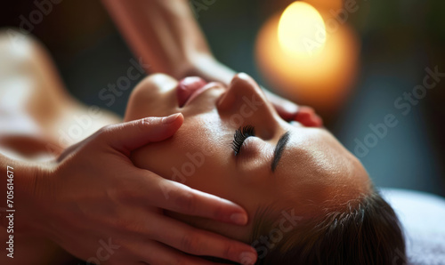 Gentle hands giving a relaxing face massage, focusing on wellness and tranquility.