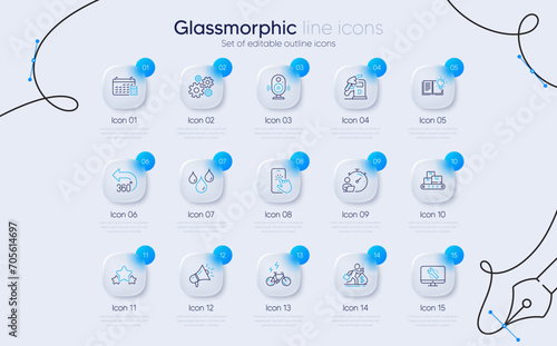 Set of E-bike, Product knowledge and Speaker line icons for web app. 360 degrees, Cogwheel, Monitor repair icons. Wholesale goods, Megaphone, Waterproof signs. Timer, Diesel station, Stars. Vector