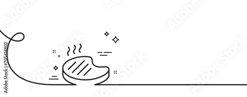 Grilled steak line icon. Continuous one line with curl. Barbecue meat food sign. Hot grill salmon symbol. Grilled steak single outline ribbon. Loop curve pattern. Vector