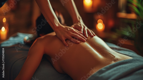 Hands give a calming back massage with oil to a young female, highlighting wellness and relaxation.