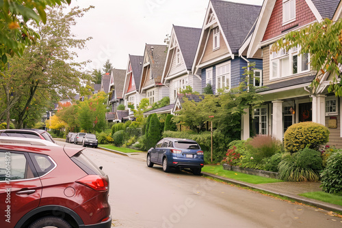 A quiet suburban street with a row of charming houses and parked cars, exemplifying tranquil residential life.