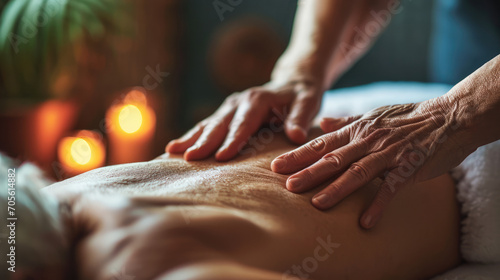 Close-up of therapeutic hands performing a relaxing back massage on old person in a serene spa setting.