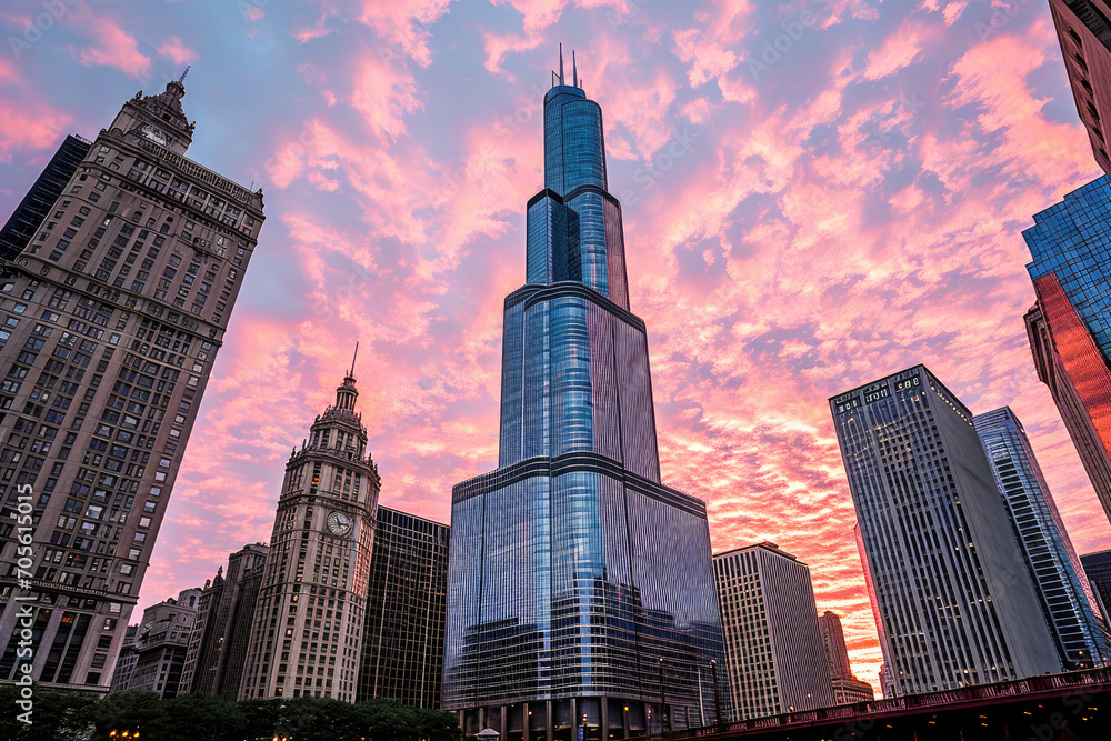 Stunning view of a vibrant city skyline at sunset with colorful clouds in Chicago.