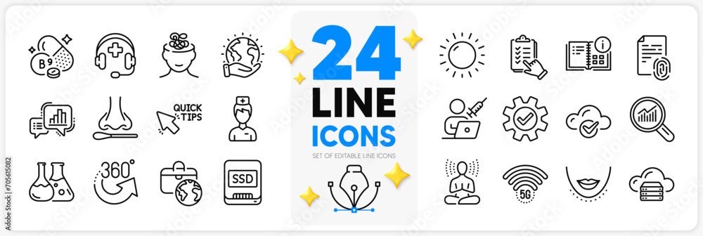 Icons set of Checklist, Graph chart and Cloud computing line icons pack for app with Anxiety, Chemistry lab, 5g wifi thin outline icon. Vaccination appointment, 360 degrees, Ssd pictogram. Vector