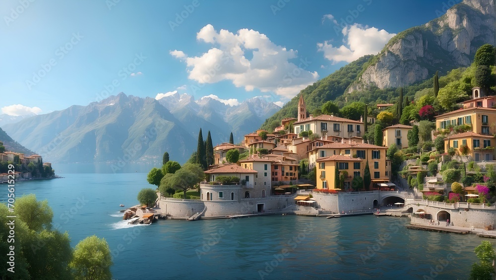 Cityscape with Beautiful Architecture and Mountain Range & Reflection in the Lake