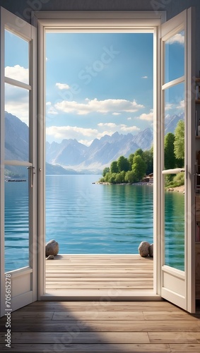 an open door leading to a lake with mountains in the background 