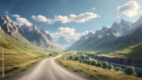 A scenic landscape with a mountain range and a country road