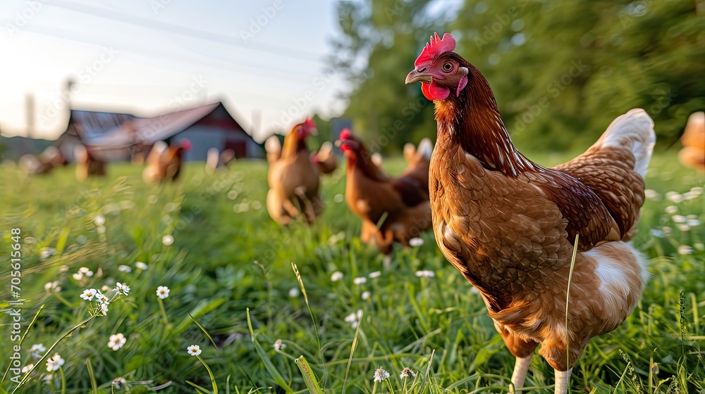 Fototapeta premium beautiful image showcases free-range egg-laying chickens in both a field and a commercial chicken coop 
