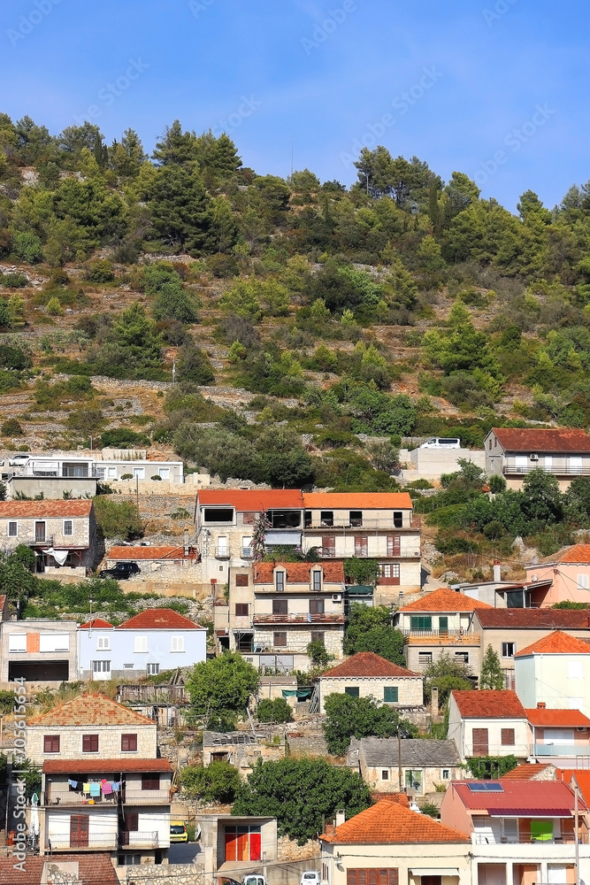 Promenade in Vela Luka, picturesque small town on island Korcula, Croatia.