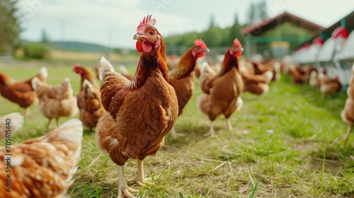 beautiful image showcases free-range egg-laying chickens in both a field and a commercial chicken coop 