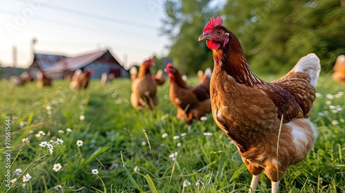 beautiful image showcases free-range egg-laying chickens in both a field and a commercial chicken coop  photo