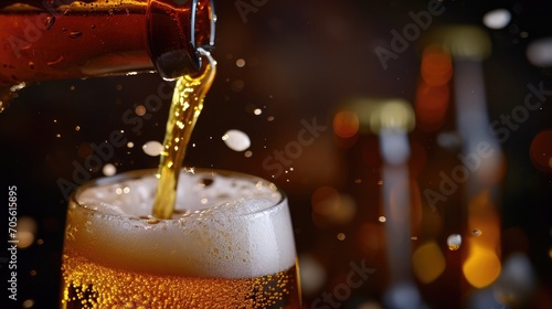 Wallpaper Mural Beer is poured from dark brown bottle into beer glass. Close-up light fresh beer poured into glass steamed up from cold  Torontodigital.ca