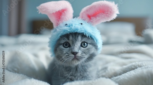 Blue russian kitten wearing rabbit ears