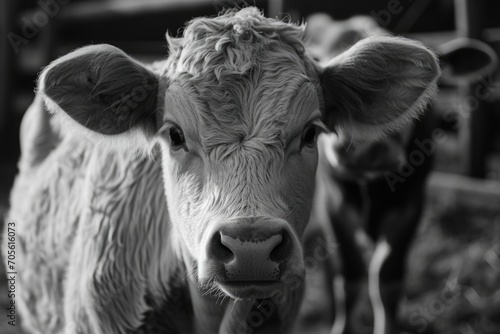 A black and white photo of a cow. Suitable for various uses