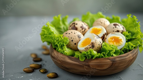 Boiled eggs in a bowl decorated with parsley leaves 