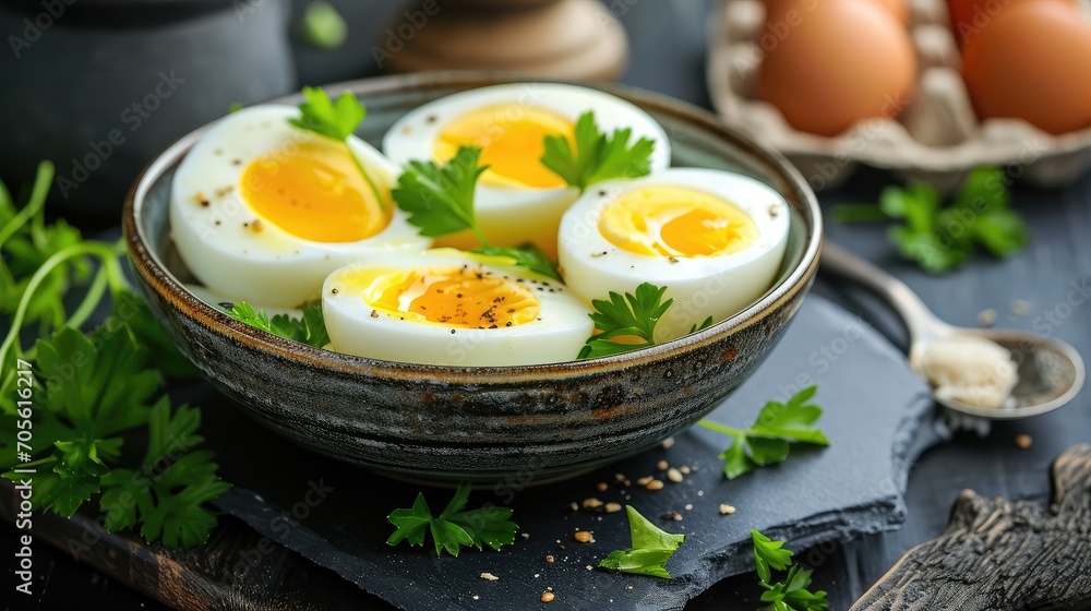 Boiled eggs in a bowl decorated with parsley leaves Boiled eggs in a bowl decorated with parsley leaves