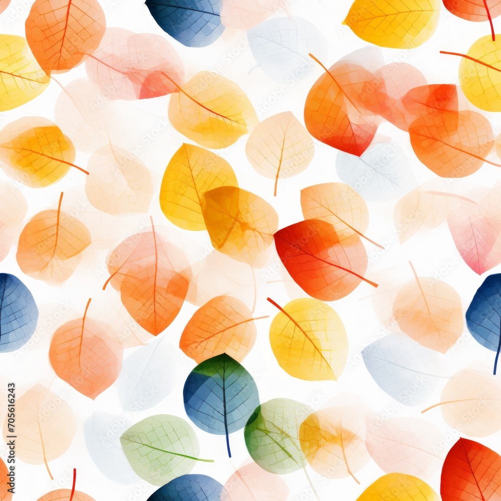 Seamless pattern of autumn colors foliage skeleton with a translucent texture on a white background