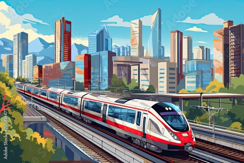 City train or commuter train, High speed train in motion on the railway station at sunset. Fast moving modern passenger train on railway platform. Generative ai