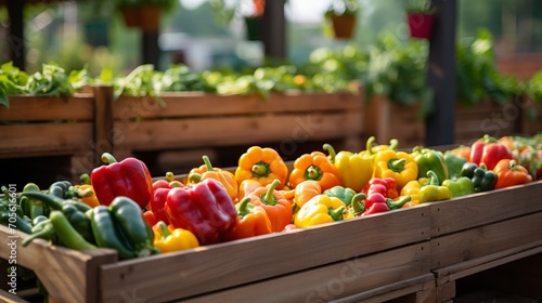 Vibrant assortment of bell peppers in a rustic wooden crate  natural daylight  canon 6d  f8