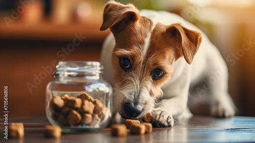 Dog eyeing treats in a glass jar on the table photo