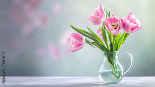 tulip flower in jug on the table pastel background photo