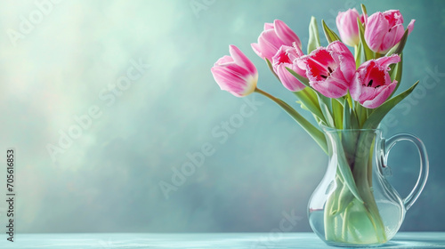 tulip flower in jug on the table pastel background #705616853