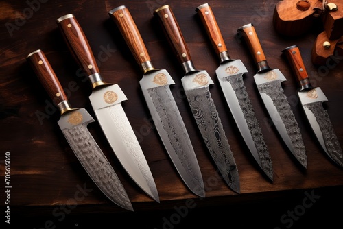 Photo of a set of professional chef's knives with razor-sharp blades. Generative AI