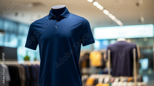 clothes on hangers, Dark blue polo shirt worn on a mannequin in a minimalist style, with a clothing store background, Ai generated image photo