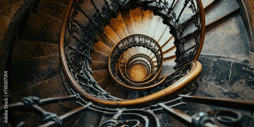 A photograph of a spiral staircase with iron railings. This image can be used to depict architectural structures or to symbolize progress and upward movement