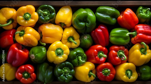 Assorted bell peppers in rustic wooden crate, natural daylight, canon 6d, f8 aperture photo