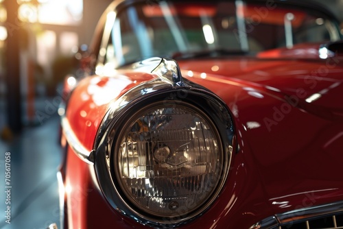 A close up view of the front of a red car. This image can be used for automotive-related designs and advertisements