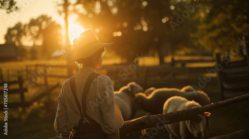 A young American farmer sheep in a pen during sunset photo