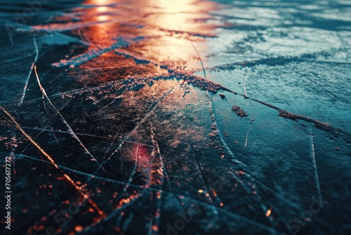A detailed view of a wet surface on a street. Perfect for illustrating rainy weather or a slick urban environment photo