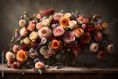 Design a visually stunning image of a vintage-inspired floral bouquet, featuring the grace of delicate roses and the wild beauty of assorted flowers.