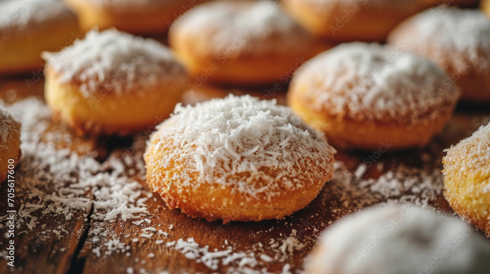 Delicious sweet round sponge cookies sprinkled with coconut flakes