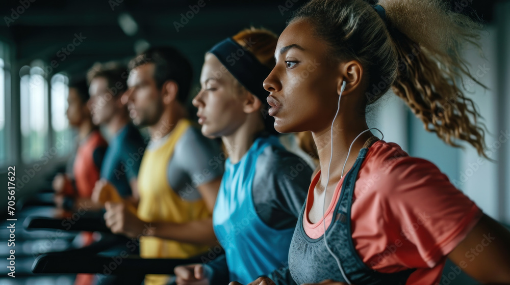 Fototapeta premium Diverse People Running on Treadmills in the Gym