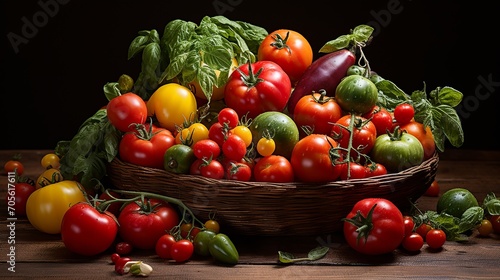 Freshly harvested vegetables in woven basket  showcasing texture and variety in warm natural light