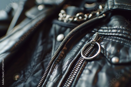 A close up shot of a black leather jacket. Perfect for fashion or lifestyle-related projects