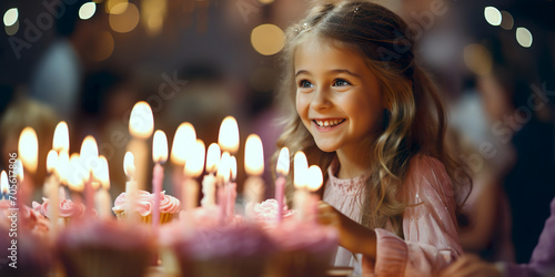 child girl blowing out the candles on a birthday cake. Happy adorable kids smiling and celebrating his birthday, portrait of happy child ready to blowing out candles at birthday party. Generative AI photo