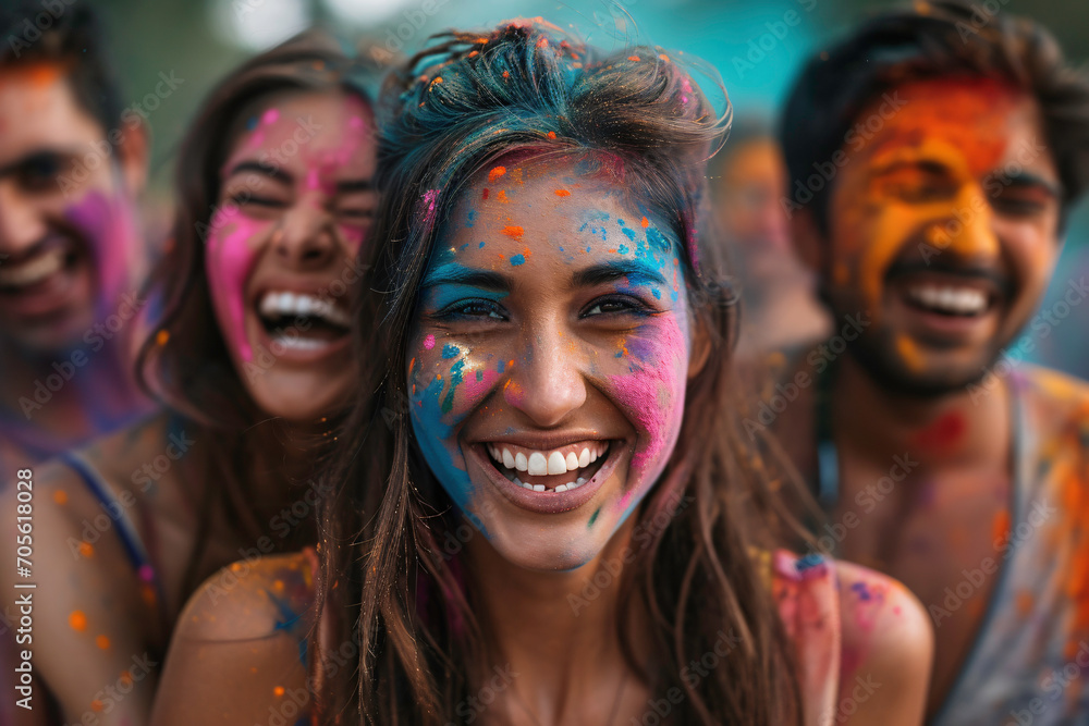 Group of happy friends having fun during Holi color festival in India ai generated art Group of happy friends having fun during Holi color festival in India ai generated art